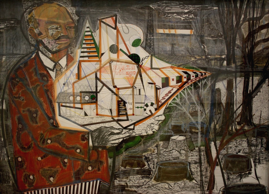 Vidéki polgármester plázamakett-tel, 2011, vegyes technika, papír