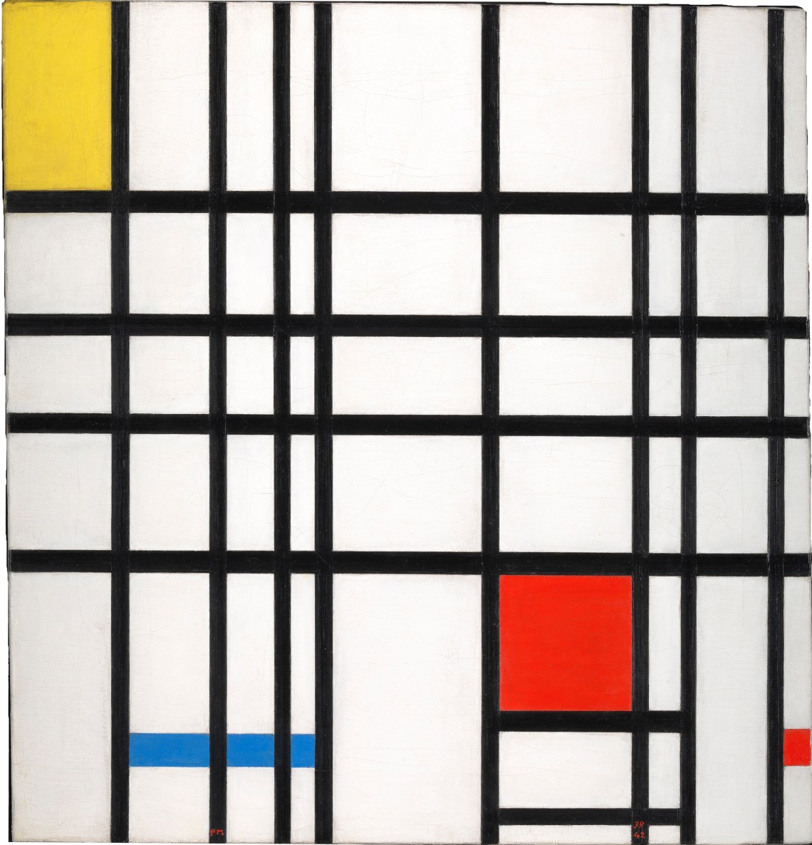 Piet Mondrian: Kompozíció sárgával, kékkel és pirossal, 1937–42, olaj, vászon, 72.7 × 69.2 cm © DACS, London/VAGA, New York 2014