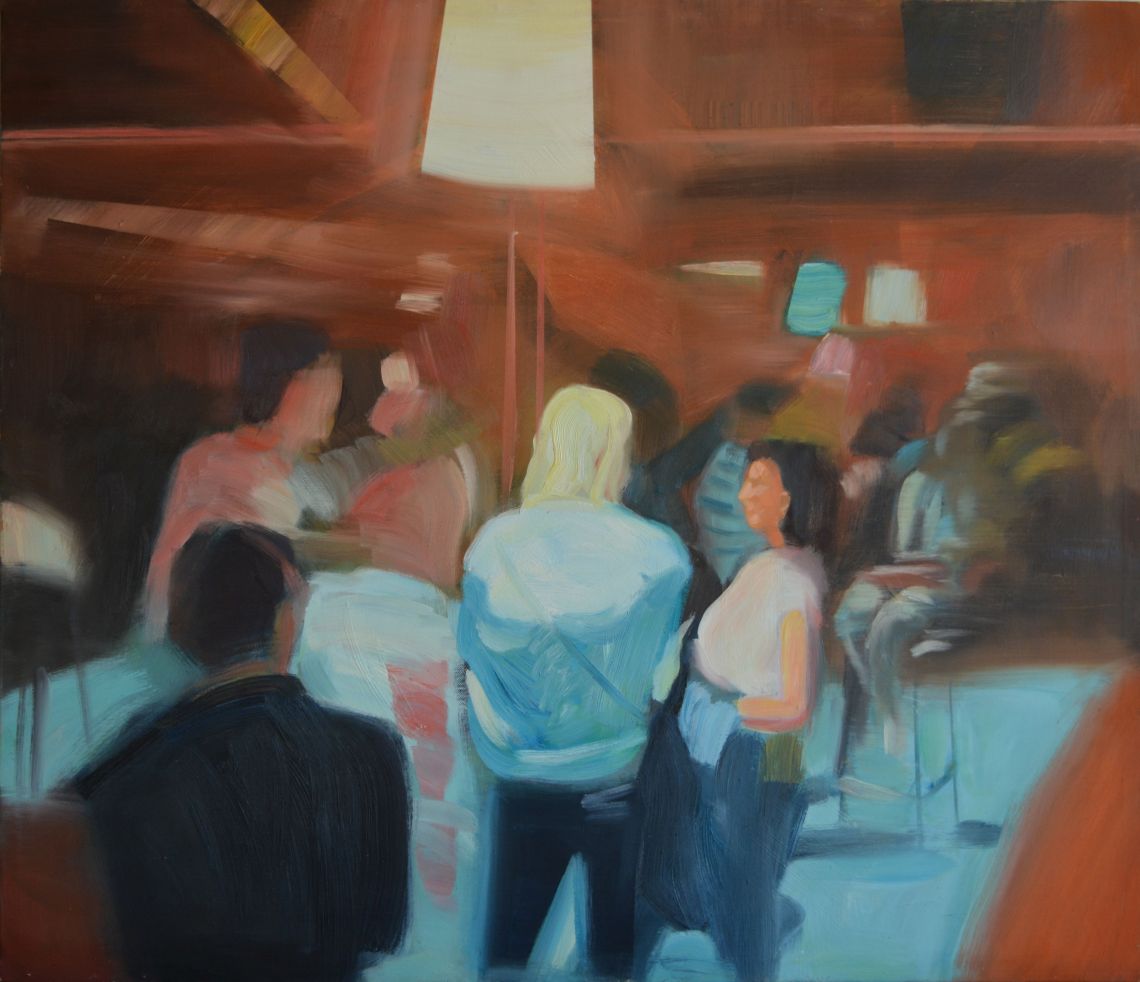 Társaság (Romkocsma) 2014, olaj, vászon, 68 × 78 cm