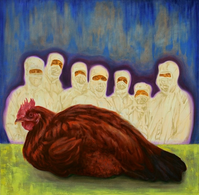 Ferenczy Zsolt: Big Chicken, olaj, vászon, 70 × 70 cm.